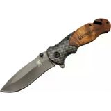 Browning X50 Kahverengi Kurtarma / Kamp Çakısı 20,5cm- Yarı Otomatik, Kemerlikli, Ahşap Sap, Cam Kırma ve İp Kesme Apara