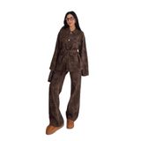 BRTC design Kadın Kahverengi Leopar Desenli Cep Detaylı Kemerli Ceket Pantolon Denim Takım Acı Kahverengi L