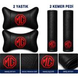 Brtshopping Mg Nakışlı Oto Boyun Yastığı 2'li Set Siyah Deri – Araç Koltuk Boyun Destek Yastığı, Elyaf Dolgulu, Ergonomik ve Konforlu Tasarım - Kırmızı