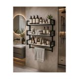 BRTWOODS Havluluklu 3 Katlı Metal Banyo Rafı Duvara Monte Şampuanlık Organizer Siyah-Beyaz