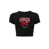 BRZ COLLECTION Kadın Cherries Crop T-shirt Siyah