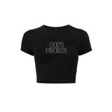 BRZ COLLECTION Kadın God's Favorite Kristal Taş Baskılı Crop T-shirt Siyah