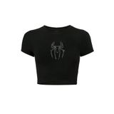 BRZ COLLECTION Kadın Kristal Taş Baskılı Spider Crop T-shirt Siyah