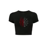 BRZ COLLECTION Kadın Renkli Spider Kristal Taş Baskılı Crop T-shirt Siyah