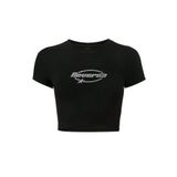 BRZ COLLECTION Kadın Reverse Kristal Taş Baskılı Crop T-shirt Siyah