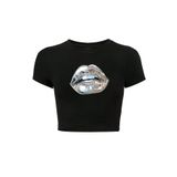 BRZ COLLECTION Kadın Silver Lip Gümüş Dudak Crop T-shirt Siyah