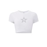 BRZ COLLECTION Kadın Star Kristal Taş Baskılı Crop T-shirt Beyaz