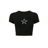 BRZ COLLECTION Kadın Star Kristal Taş Baskılı Crop T-shirt Siyah