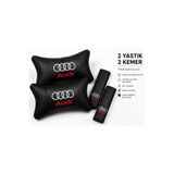 BsElektronik Audi Kırmızı Beyaz Logolu Papyon Yastık Boyun Yastığı + Emniyet Kemeri Kılıfı Takım