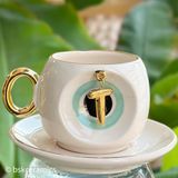 Bsk Ceramics Handmade Harfli Nazar Kahve Fincanı Yeşil - T