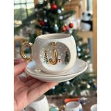 Bsk Ceramics Handmade Harfli Seramik Çay Kahve Fincan Yılbaşı Hediyelik Kupa Kardan Adam Çam Ağacı J Harfi - Beyaz