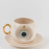 BSK Ceramics Handmade Yeşil Yuvarlak Nazar Boncuklu Kahve Fincanı - Açık Yeşil - 130 ml