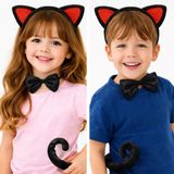 Bsre Kırmızı Kulaklı Kedi Kız Çocuk Kostüm Seti (Taç, Papyon, Kuyruk)