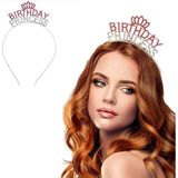 Bsre Kristal Taşlı Birthday Princess Yazılı Parti Tacı Pembe Renk
