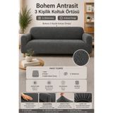 BTF HOME BOHEM JAKARLI Lastikli 3 Kişilik Koltuk Örtüsü Kaymaz, Esnek Yıkanabilir Koltuk Kılıfı ANTRASİT rengi