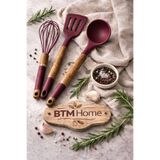 btm home 3’lü Silikon Mutfak Seti Ahşap Saplı Spatula Kepçe Çırpıcı Isıya Dayanıklı