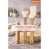 btm home 3’lü Silikon Mutfak Seti Çırpıcı Spatula Fırça Isıya Dayanıklı Bambu Saplı