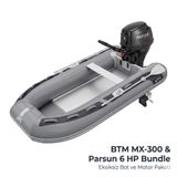BTM MX-300 Alüminyum Katlanır Tabanlı Şişme Bot ve Parsun 6 HP 4 Zamanlı Dıştan Takma Motor, 4 Kişi Kapasiteli, PVC ve Alüminyum