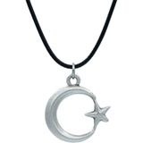 Bu Farklı Ay Yıldız Deri Ip Kolye - Gümüş Kaplama - Kadın Erkek Kolye - NO:1603