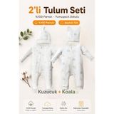 Bubbles %100 Pamuk 2’li Bebek Tulum Seti – Kuzucuk & Koala, Fermuarlı, Şapkalı, Yenidoğan 0-9 Ay, Hediyelik Kutulu