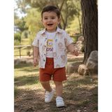 Bubiee Baby Erkek Bebek 3'lü Yazlık Gömlekli Takım - Aslan Baskılı Tişört, Şort ve Safari Gömlek Kombini - 9 Ay - Çok Renkli