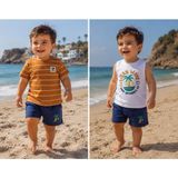 Bubiee Baby Erkek Bebek 3'lü Yazlık Kombin Set - Çizgili Tişört, Kolsuz Atlet ve Palmiye Nakışlı Şort - 9 Ay - Çok Renkli