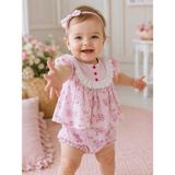Bubiee Baby Kız Bebek Pembe Çiçekli Şortlu Takım Dantel Detaylı Bebe Yakalı Bluz ve Şort Fırfırlı Yazlık Takım - 6 - 9 Ay - Toz Pembe