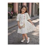 Bubiee Baby Kız Çocuk Çiçek Desenli Vintage Kesim Fırfırlı Çanta Hediyeli Elbise -Krem/Pembe