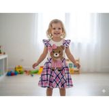 Bubiee Baby Kız Çocuk Pembe Ekose Desenli Ayıcık Nakışlı Jile Elbise Tişörtlü 2'li Takım - 1 Yaş - Çok Renkli