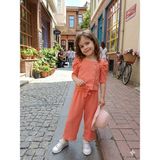 Bubiee Baby Kız Çocuk Soman Düğme Detaylı Bürümcük Crop ve Pantolon Alt Üst Takım - 8 Yaş - Turuncu