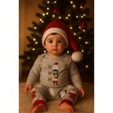 Bubiee Baby Yılbaşı Temalı 3'lü Bebek Takımı (Badi +Pantolon + Şapka) Penguen Noel Dedeli Baskılı - 0 - 3 Ay - Gri