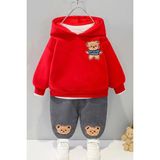 Bubito Unisex Bebek Alt Üst Takım 2'li %100 Pamuk Kapüşonlu Ayı Baskılı Takım - Kırmızı - 9 - 12 Ay