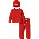 Bubito Unisex Bebek Çocuk Alt Üst Takım 3'lü %100 Pamuk Fitilli Şapkalı Kışlık Eşofman Takımı - Kırmızı - 1 Yaş