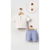 Bubito Unisex Bebek&çocuk %100 Pamuklu Çizgili Düğmeli Müslin Şort Takım-Mavi - 5 Yaş