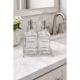 buççin online mağaza Metal Stantlı 2 x 500 ML Cam Sıvı Sabunluk Deterjanlık Seti Metal Tutacak Şık Tasarım Cam Gümüş