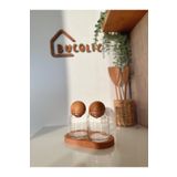 BUCOLIC Ahşap Standlı 2’li Cam Kavanoz Seti – Top Kapaklı | 300 ml