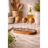 BUCOLIC Ahşap Standlı 3’lü Cam Kavanoz Seti – Top Kapaklı | 300 ml