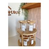 BUCOLIC Bambu Döner Standlı 14'lü Bambu Vakum Kapak Cam Baharatlık Seti 300 ml 14 Baharat Kaşığı