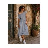 Budan Export Kadın File Örgü Üstlü Keten Kloş Etekli Salaş Boho Yazlık Midi Elbise