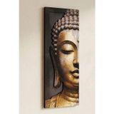 Budha - Altın Varak Dokulu Eskitme Buddha 3 Katmanlı Ahşap Duvar Tablosu 24x68 cm
