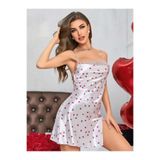 BUDİ HOME Kadın Beyaz Fuşya Kalp Desenli saten Gecelik 2219