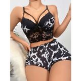 Budi Home Kadın Siyah Leopar desenli Dantel detaylı Şortlu Gecelik Pijama Takımı 5055