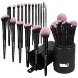 Bueart Design 18 adet Pro Deluxe fuşya pembe siyah makyaj fırçaları seti seyahat makyaj fırçası tutucu kılıf vakıf kapatıcı kontur allık göz farı yüz makyaj fırçası seti