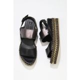 Bueno Shoes 01WS5200 Siyah Kurşun Deri Kadın Dolgu Topuklu Espadril Sandalet
