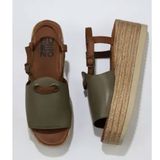 Bueno Shoes 01WU6103 Yeşil Kahve Deri Kadın Dolgu Topuklu Espadril Sandalet