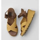 Bueno Shoes 01WY8601 Sarı Kahve Deri Kadın Dolgu Topuklu Sandalet