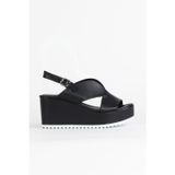 Bueno Shoes Siyah Deri Kadın Dolgu Topuklu Sandalet 01wa5600