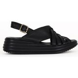 Bueno Shoes Siyah Deri Kadın Dolgu Topuklu Sandalet 01WE3201 01WE3201