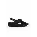 Bueno Shoes Siyah Deri Kadın Dolgu Topuklu Sandalet 01we3201