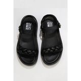 Bueno Shoes Siyah Deri Kadın Dolgu Topuklu Sandalet
